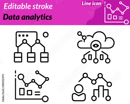 Data analytics set line icon. Digital accents represent data monitoring performance tracking and trend evaluation.Ideal for business intelligence research finance and tech platforms This icon conveys.