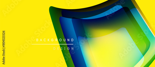 Bright yellow backdrop features layered translucent shapes. Blue, green hues blend creating modern abstract design. Text reads background design.