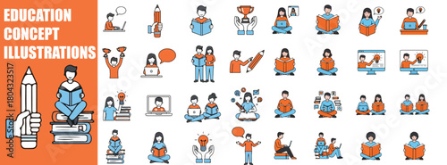 Vibrant Education and Learning Concept Vector Illustrations: A Diverse Set of People in Activities like Reading, Online Courses, Training, and Academic Collaboration for Back to School, E-Learning Pla