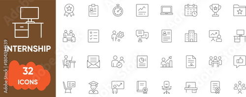 Internship Icon Set  Career Training, Job Experience And Professional Skills  32 Line Icons.