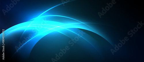 Abstract blue light curves create dynamic energy flow. Smooth gradients suggest movement, depth, modern design.