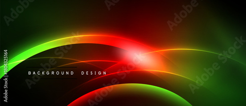 Abstract neon waves, vibrant colors blend. Red, green dominate dark background. Modern design element, dynamic light effects present.