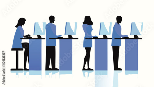 Diverse group of professionals collaborating and working efficiently at modern standing desks in a bright contemporary office environment promoting health and productivity