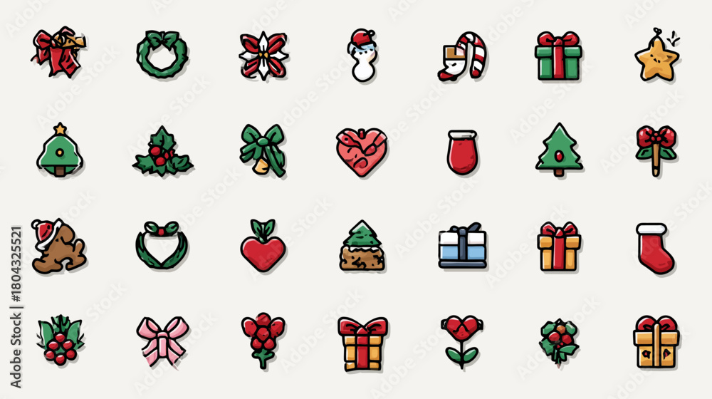 Obraz premium Festive Christmas and Winter Holiday Icons Set. Cute Cartoon Vector Illustrations of Seasonal Decorations, Gifts, and Symbols.