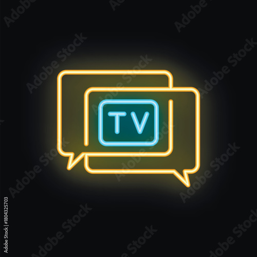 Yellow neon icon of two speech bubbles framing a tv screen, suggesting a conversation about television programs