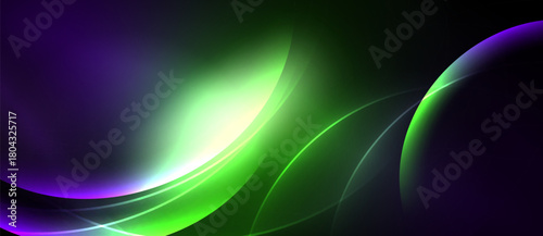 Abstract flowing shapes, vibrant purple, green hues dominate. Smooth gradients create dynamic visual effect. Dark background emphasizes luminosity.