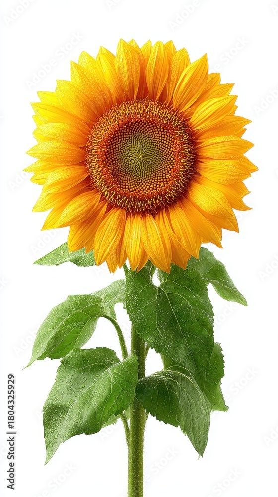 Obraz premium A single vibrant yellow sunflower with a dark center, its petals and green leaves glistening with water droplets against a clean white background.