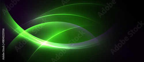 Abstract green curves radiate light. Dark background emphasizes vibrant, flowing shapes. Modern design, smooth gradients create dynamic visual effect.