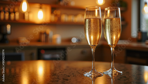 Two champagne flutes on polished counter with warm bar lighting, intimate festive celebration