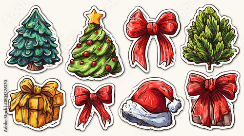 Christmas Holiday Festive Elements Sticker Set: Decorated Tree, Gift Box, Santa Hat, and Red Bows, Hand-Drawn Illustration