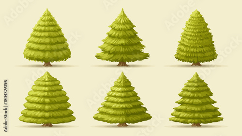 Set of six cartoon stylized evergreen trees vector illustration. Green conifer nature forest elements, pine and fir trees.