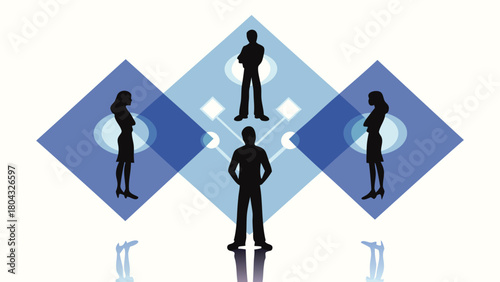 Four diverse silhouettes standing in a diamond formation representing unity teamwork and community in a modern vector design
