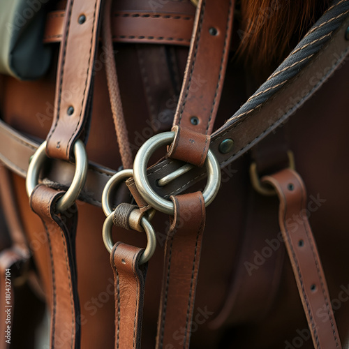 close up of string and leather straps of pack girth and strap metal round rings and buckles brown leather and string girth tack for horse packing vertical image