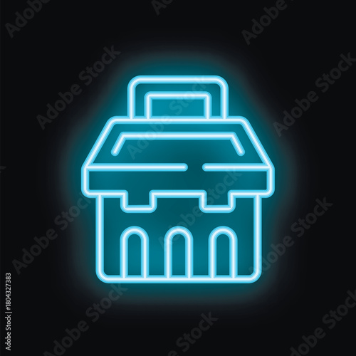 Blue neon icon of a toolbox glowing against a dark background, perfect for projects related to tools, repair, and construction