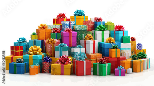 Huge pile of vibrant gift boxes with bows, symbolizing celebration, holidays, and special occasions, isolated on white.