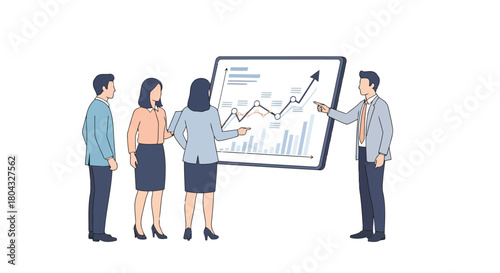 Illustration of business team analyzing a growing financial graph on a presentation screen