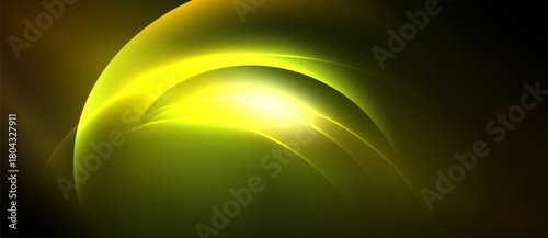 Abstract yellow curves radiate from bright center. Smooth gradients create dynamic, flowing visual effect. Dark background emphasizes luminosity.