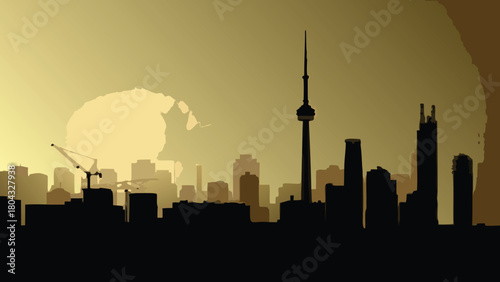 A vibrant vector illustration capturing the iconic downtown toronto skyline at dusk showcasing modern skyscrapers and urban architecture from across the water
