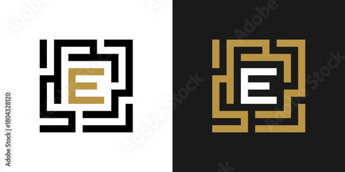 Geometric Font. Square labyrinth alphabet, geometric letter E, unique puzzle font for creative logos. Abstract labyrinth typography design.