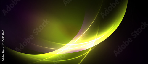 Abstract design features vibrant curves, gradients. Yellow, purple hues dominate dark background. Smooth lines create dynamic flow.