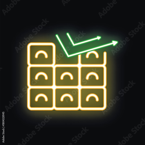 Neon green check mark over solar panels icon illustrating the concept of renewable energy production