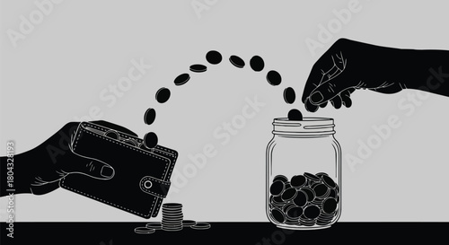 Illustration of silhouette of a hand pouring coins from a wallet into a jar, symbolizing saving money and financial planning