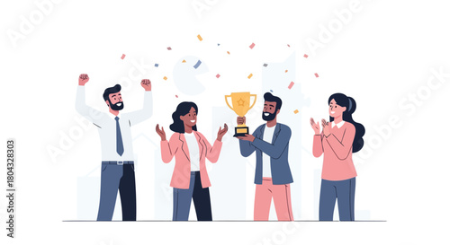 Illustration of a diverse group of colleagues celebrate a victory, holding a golden trophy and surrounded by confetti