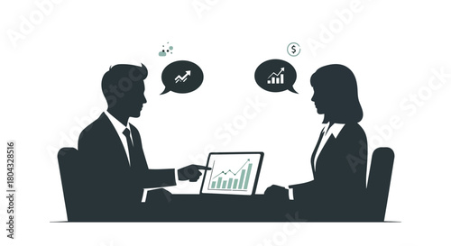 Illustration of two business people in silhouette sitting at a table, analyzing financial charts on a laptop screen