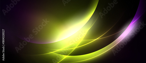 Abstract design features vibrant curves, gradients. Yellow, purple hues dominate dark background. Smooth lines create dynamic flow.