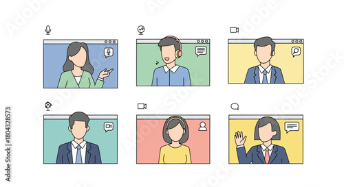 Illustration of six diverse people in a video conference call grid, communicating and collaborating online, representing remote work and virtual meetings