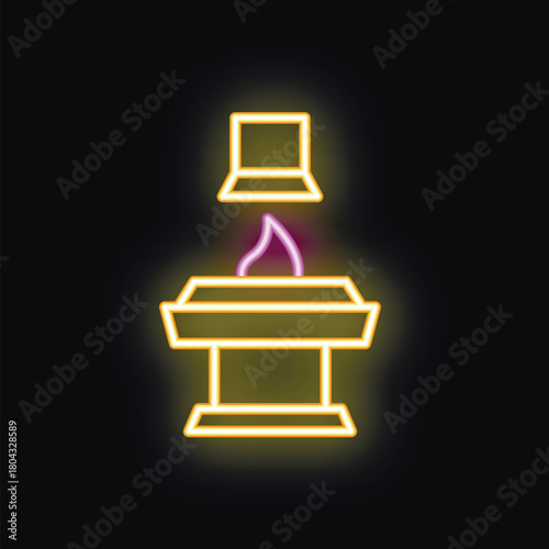 Yellow neon sign of online funeral ceremony with coffin and laptop glowing on black background