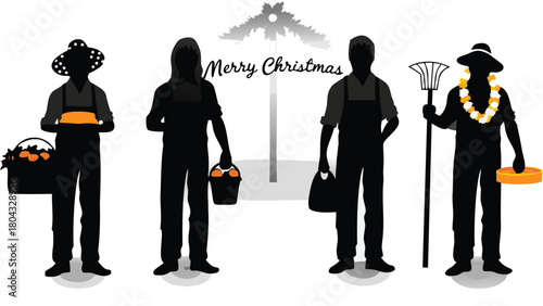 Diverse farmers and market vendors joyfully selling fresh colorful holiday produce at a bustling outdoor market showcasing seasonal fruits and vegetables