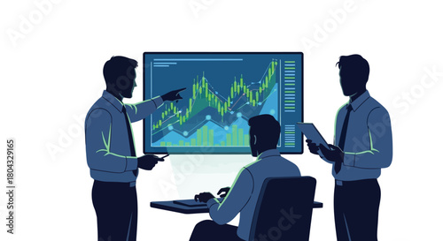 Illustration of three businessmen analyzing a stock market graph on a large monitor