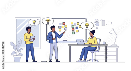 Illustration of team collaborating on a project, brainstorming ideas and planning tasks on a whiteboard with sticky notes