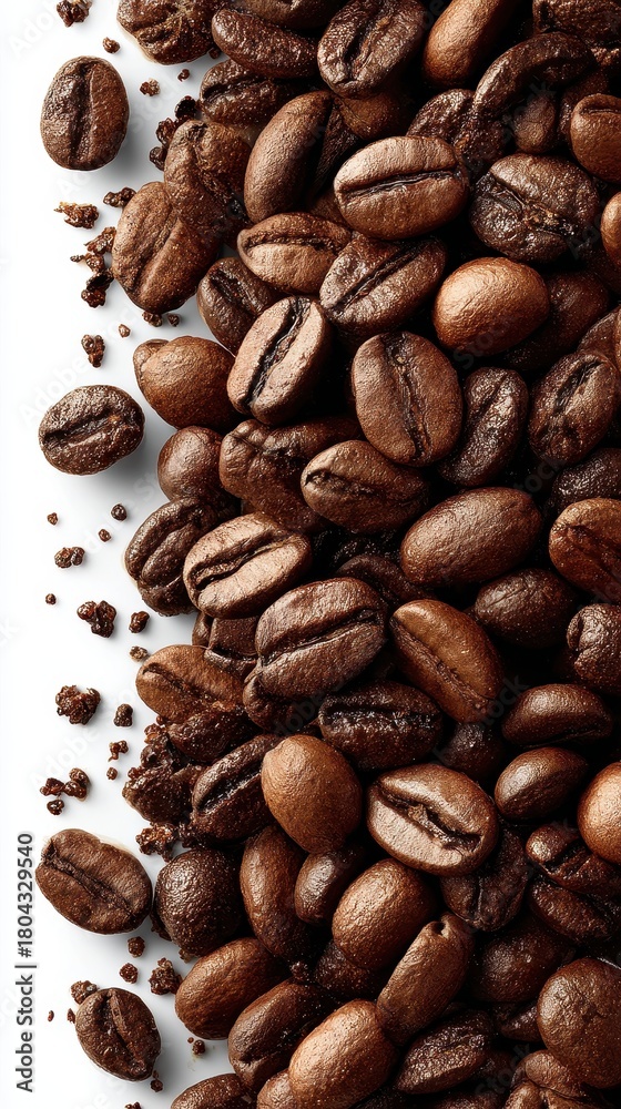 Naklejka premium Detailed macro photography captures the rich texture and deep brown color of roasted coffee beans dusted with shimmering sugar crystals against a clean white backdrop.