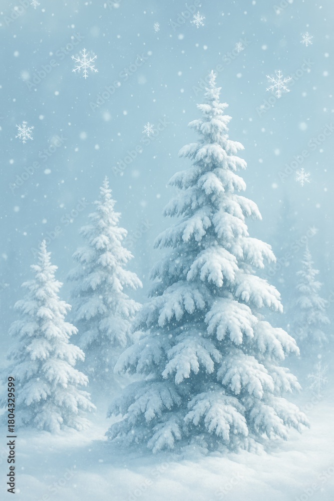 Obraz premium Snow-covered pine trees in a serene winter landscape with falling snow and a soft blue background.