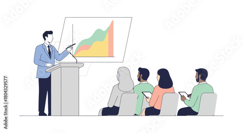 Illustration of a businessman presents a financial graph to an audience during a presentation