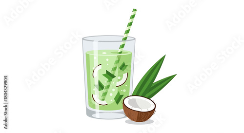 Refreshing Green Coconut Smoothie or Cocktail with Tropical Leaves Illustration