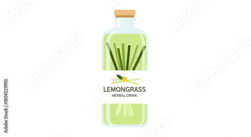Refreshing Lemongrass Herbal Drink in Clear Glass Bottle Illustration