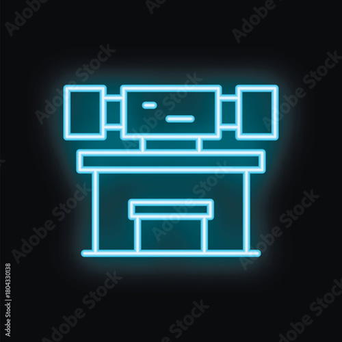 Blue glowing neon icon of industrial equipment for metalworking process isolated on black background
