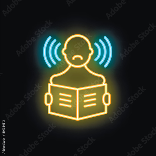 Neon sign of a man feeling discomfort and pain because of a hearing disorder while trying to read a book