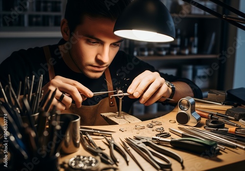 The goldsmith meticulously works on a jewelry piece, sparks flying as he crafts the ring under the bright lamp, showcasing his artistic goldsmithing skills