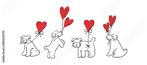 Cute Dog With red Red balloon. Valentine's Day card. Pet Sketch illustration in a playful doodle style. Valentine's Day print - vector clipart. Whimsical romantic print
