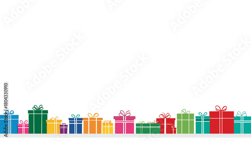 Colorful gift boxes border on white background, perfect for celebrations, holidays, birthdays, and special occasions