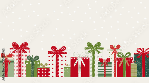 Festive Christmas Gifts Border with Red and Green Presents on Snowy Background, Holiday Celebration Banner
