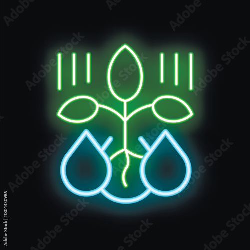 Neon icon of a plant growing thanks to sunlight and water