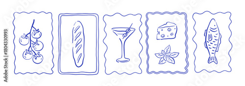 Italian holiday. Dolce Vita print with tomato, sardine, cheese, cocktail, basil, and baguette sketches. Vector illustration on a white background. Whimsical romantic print