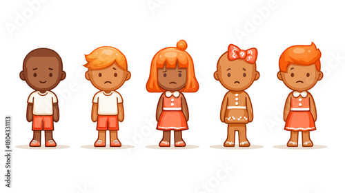 Cute cartoon diverse children avatars, multi-ethnic kids with various skin tones and expressions, vector illustration set