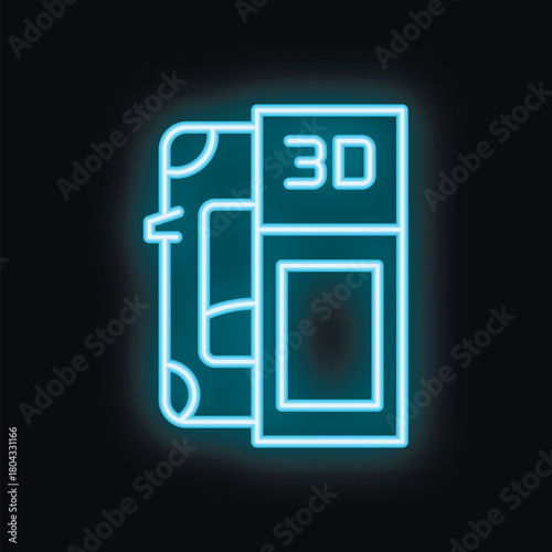 Blue neon icon of a 3d printer generating a document on a black background
