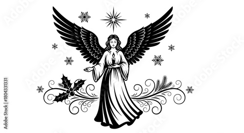Elegant Angel with Wings and Candle in Black and White.